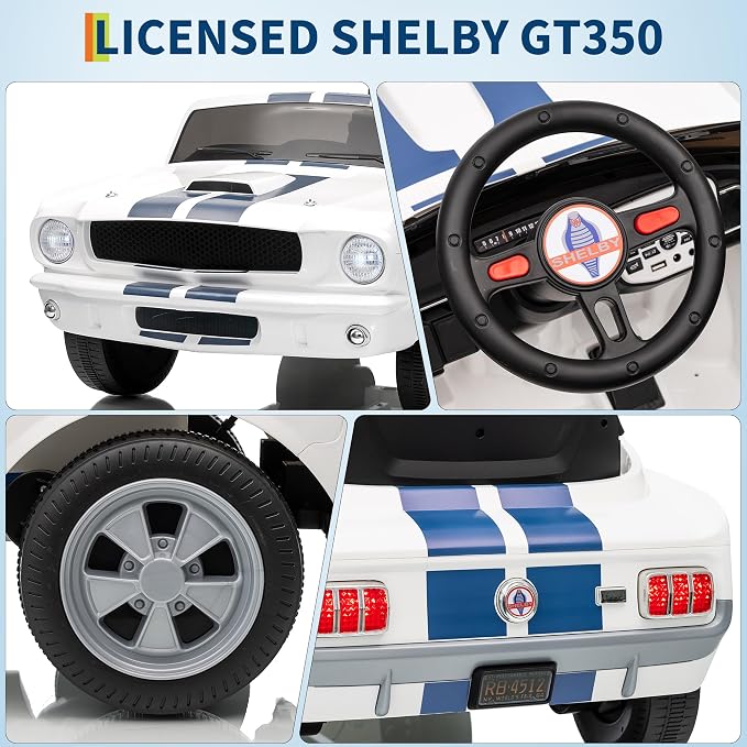 Garvee 24V 2 Seater Ride on Licensed Shelby GT350, Battery Powered Ride on Toys for Kids with Remote Control, Ford Shelby Kids Electric Vehicle 2 Seat, Safety Belt, 2 Speeds, LED Lights, White