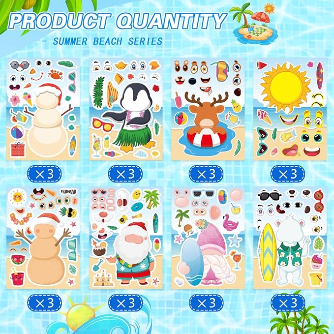 24 PCS Summer Stickers for Kids, July Christmas Make a Face Sticker, Make Your Own Sticker Sheets Chirstmas Santa Claus Hawaiian Tropical Style Stickers for July Party Games Decorations Supplies