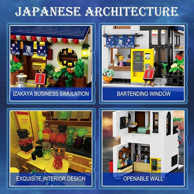 Reobrix Japanese Izakaya Shop Building Blocks, 2-in-1 Modular Street View House with LED Lights, Compatible with Major Brands, 66502 Japanese Architecture Model Kit, Ideal Collectible Gift for Adults