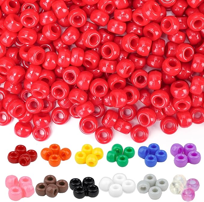 Dowsabel Red Pony Beads Bulk 1000 Pcs 6x9mm, Large Hole Kandi Hair Beads for Braids Bracelets, DIY Friendship Bracelets Necklaces Jewelry Making Crafts and Gifts