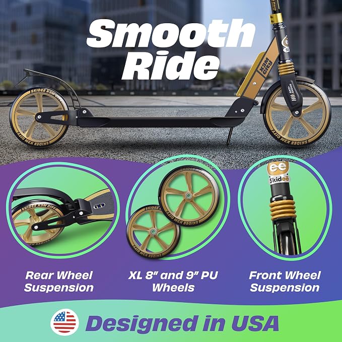 Skidee Adult & Teen Scooter Adjustable Height, Folding, Large Wheels, Lightweight, Durable, Anti-Shock Suspension, Up to 220 lbs