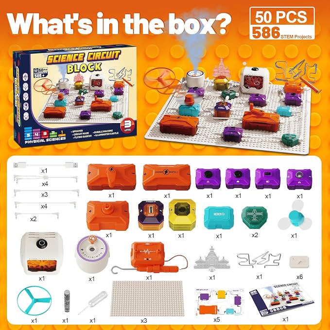 Science Kits for Kids - STEM Kits for Kids, Electronics Exploration Kit, Over 420 Projects, 50 Circuit Parts with Bubble Maker，Fan & Flying Helicopter, STEM Educational Toy Gifts for Boys& Girls