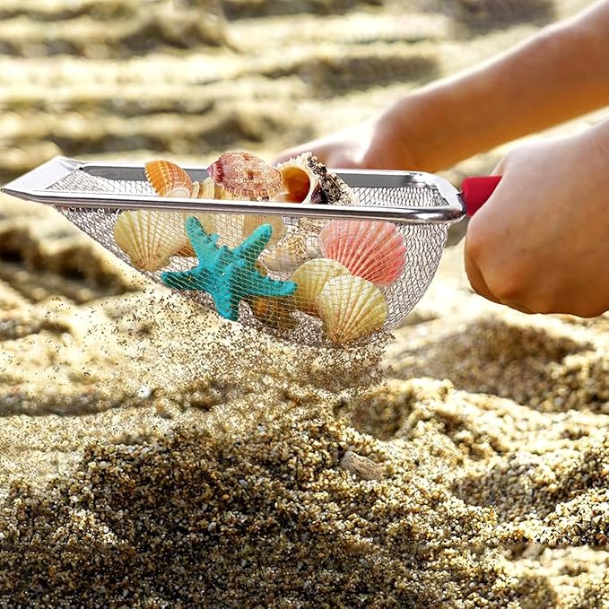 Beach Mesh Shovel, Shark Tooth Sifter Dipper for Shell Collecting, Kids Filter Sand Scooper for Picking Up Shells - Beach Snow Toys for Kids (Red)