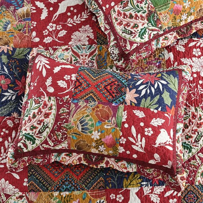Cotton Bedspread Quilt Bedding Sets 3 Pieces Reversible Coverlet Sets Comforters Gorgeous Paisley Floral Patchwork Red Bedspread, King Size