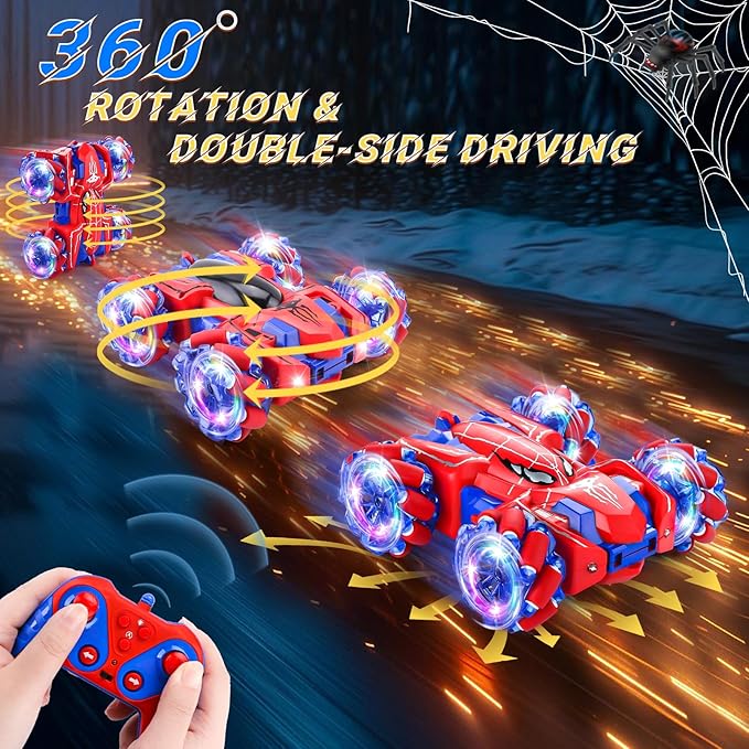 Punieayi Spider Remote Control Car, 2.4Ghz RC Cars with Headlight Double Sided Off-Road 360° Rotating Rechargeable 4WD RC Stunt Car Indoor Outdoor Spider Toys for Boys 4-6 5-7 8-13