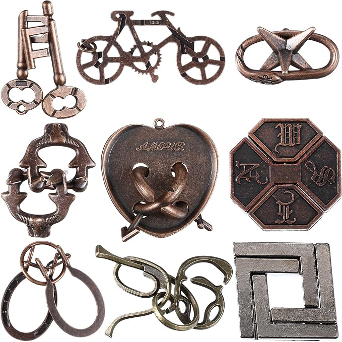 Wettarn 9 Pcs Metal Brain Teaser Puzzles 3D Steel Puzzle Set for Adults IQ Logic Challenge Disentanglement Unlock Interlocking Games Smart Logic Test Toys for Adults Mind Challenge(Classic Style)