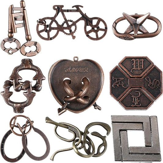 Wettarn 9 Pcs Metal Brain Teaser Puzzles 3D Steel Puzzle Set for Adults IQ Logic Challenge Disentanglement Unlock Interlocking Games Smart Logic Test Toys for Adults Mind Challenge(Classic Style)