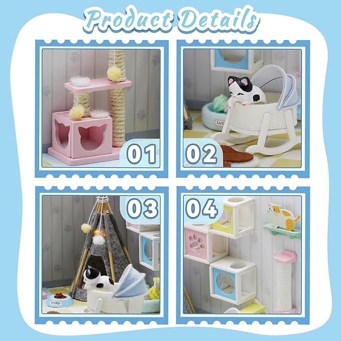 Kisoy Dollhouse Miniature with Furniture Kit, DIY 3D Wooden DIY House Kit A Corner of a Small Apartment Style with Dust Cover & LED,Handmade Tiny House Toys for Gift of Teens and Adults(Pet Room)