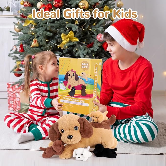 gnomantic Dog Stuffed Animals with Babies Inside, Mommy Toy for Kids | 5-Piece set: 1 mommy dog + 4 baby puppies inside. Unzip belly to reveal surprise babies. Ultra-soft, ages 3-8.