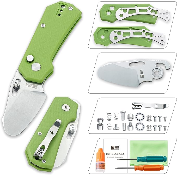 JIN Rhino Jr. Kids Pocket Knife, Fidget Toy Knife, DIY Kit, 1.97” Unsharpened Steel Blade, Safety Rounded Tip, Kids-friendly Button Lock Folding EDC, Green G10 Handle