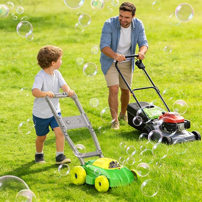 Bubble Lawn Mower Maker Machine with Music, Spill-Proof Design for Kids, 5000+ Colorful Bubbles Per Minute for Indoor Outdoor Play, Perfect Gardening Toy Gift for Kids Ages 3-6,Yellow Green