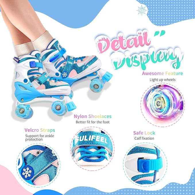 SULIFEEL Rainbow Unicorn 4 Size Adjustable Roller Skates for Girls Boys for Kids Ages 3-5 5-8 6-12 Children Skates Indoor Outdoor