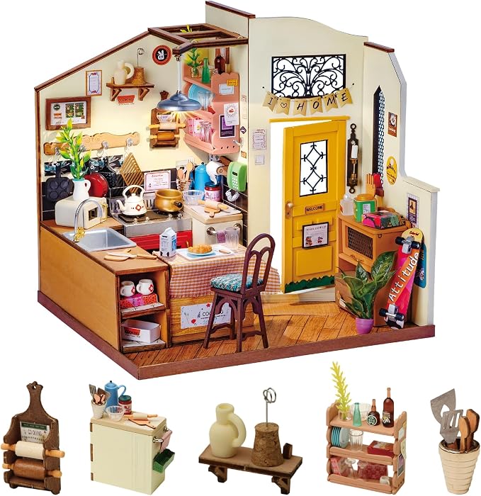Robotime DIY Miniature House Kit, 1:18 Kitchen Diorama Dollhouse with LED Lights, 3D Wooden Puzzle for Adults, Craft Hobby Gift for Women Men Teens
