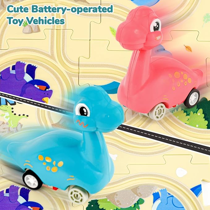 YOOYID Puzzle Racer Kids Car Track Set with 2 Dino Cars, Kids Toys Boys 3-5, Toys for 3 4 5 6 Year Old Boys, Toys for Ages 3-4, Car Tracks for Toddlers, Montessori Toys for 3+ Year Old