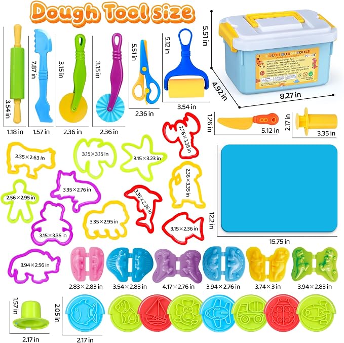 VConejo Dough Tools Play Sets for Kids, 37pcs Clay and Dough Accessories with Storage Container, Mat, Cutters, Rolling Pins, Safety Scissors, Stamps, Animal and 3D Dino Makers for Boys Girls