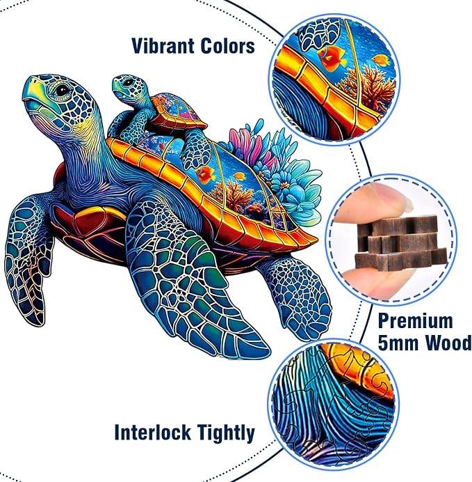 Wooden Jigsaw Puzzles for Adults Teens Kids, Parent & Baby Sea Turtle Wood Puzzle, Wooden Puzzles for Adults, Unique Animal Shaped Puzzle, Fun Challenging Family Games, 200pcs 11.5" x 9.7"