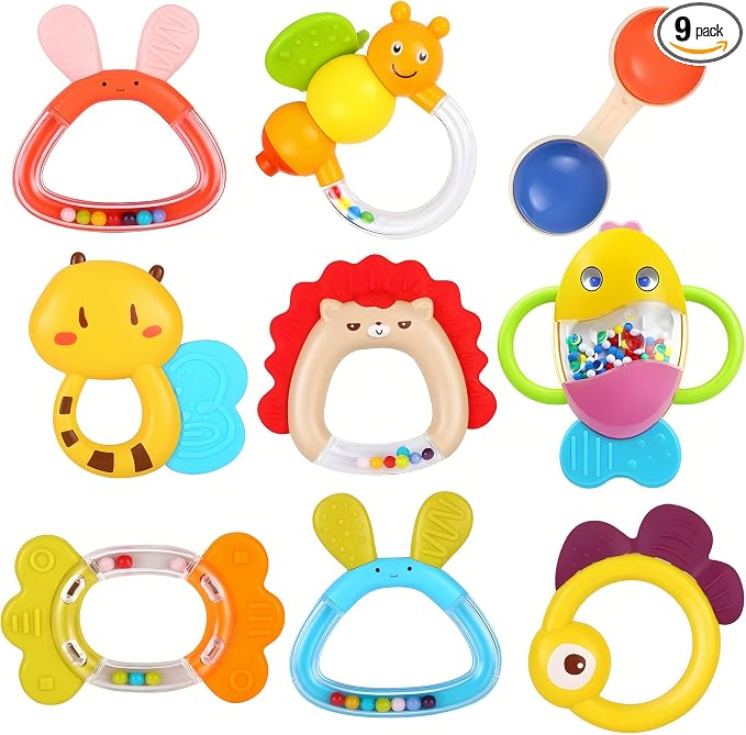 MOONTOY 9pcs Baby Rattles Infant Teething Toys Teethers Sensory Toys for Babies 3-6 Months 6-12 Months Boy Girl Gifts