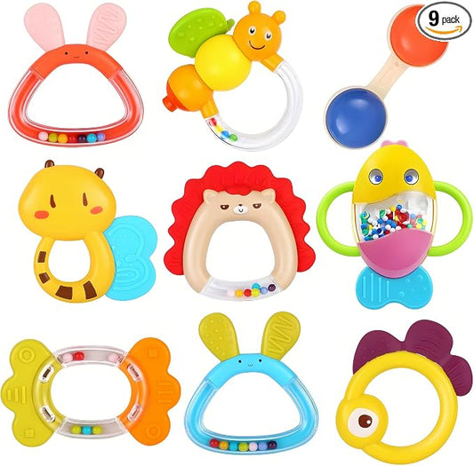 MOONTOY 9pcs Baby Rattles Infant Teething Toys Teethers Sensory Toys for Babies 3-6 Months 6-12 Months Boy Girl Gifts