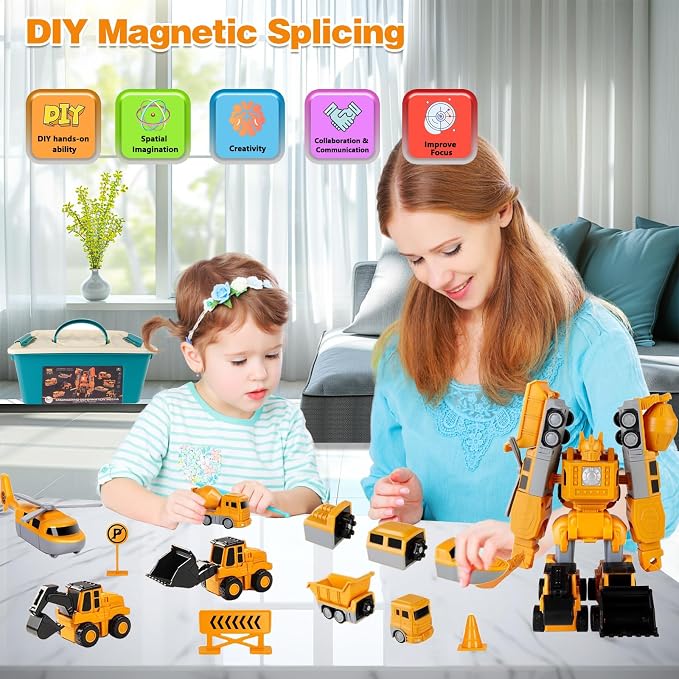 Magnetic Transform Engineering Car Assembled Toys, Construction Vehicles with Storage Box, 7 in 1 Robot Toys Set, Magnetic Blocks for Kids Age 3-8 Year Old Boy Gift, Outdoor Toddler Activities Toys