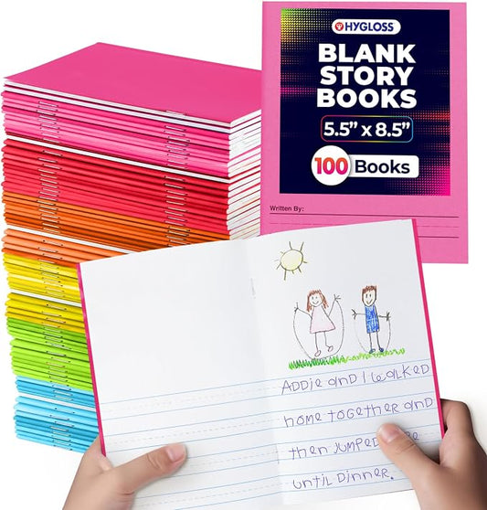 Hygloss Half Blank Books for Kids to Write Stories & Illustrate – Bulk 100 Pack – 5.5" x 8.5" A5 Primary Journal for Grades K-2, Preschool/Kindergarten Notebook with Picture Space – 24 Pages, Colored