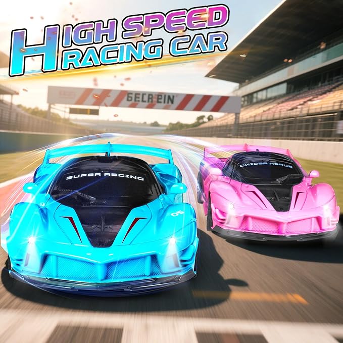 2 Pack Pink Blue Remote Control Car Toys for Kids Boys Girls, Rc Cars Toy Vehicle with Headlight & Controller, Rc Racing Car for Boys Girls Age 3 4 5 6 7 8 Birthday (Blue+Pink)
