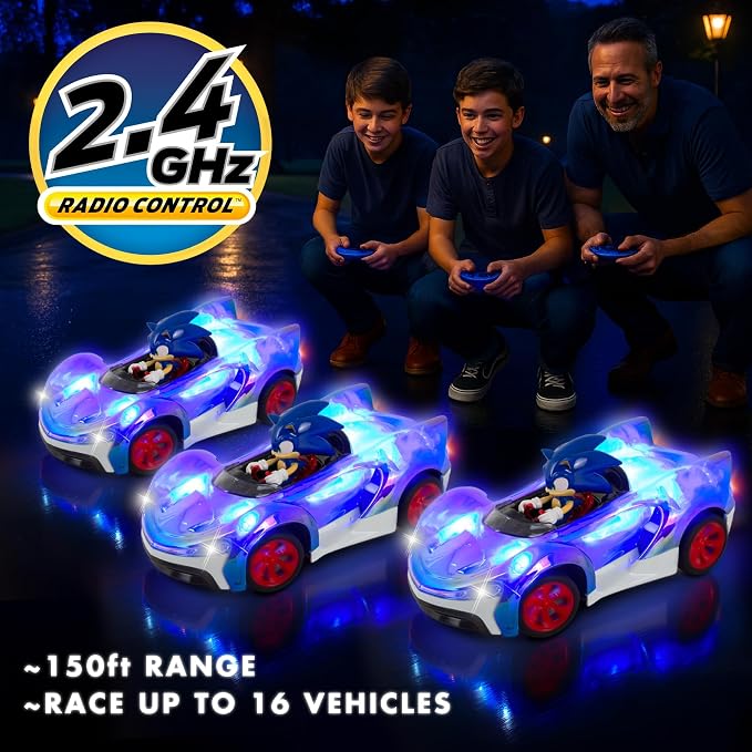 NKOK Sonic Glow Racer RC Car w/Turbo Boost | Ready-to-Run 1/16 Scale | Light-Up Body, USB Rechargeable