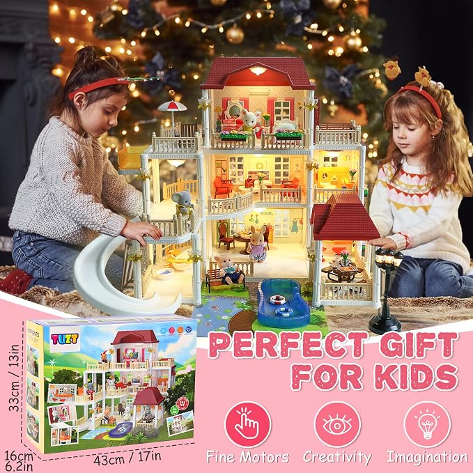 TUZT Doll House with 45 Pcs Furniture and Accessories, 3-Story with 4 Animal Dolls, Food Cooking Set, Warm Lights, Pool Slide and Movable Elevator, Pretend Play Dream Dollhouse for Girls 3+