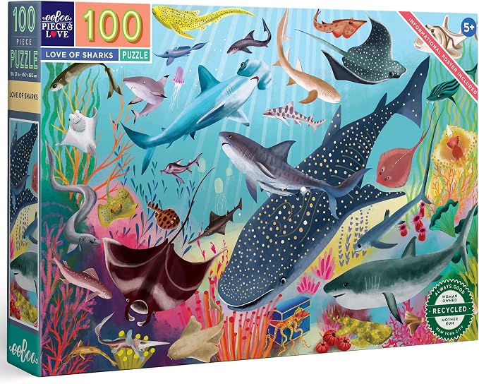 eeBoo 100 Piece Puzzle for Kids - Love of Sharks Children's Puzzle Ocean Themed, Large Pieces for Small Hands to Develop Motor Skills