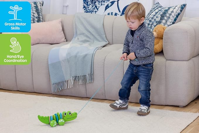 Jasey's Toy Chest Cruisin' Crocodile Wooden Pull Toy | Pull-Along Crocodile with Wiggly Zig-Zag Body, Chunky Wooden Wheels with Rubber Tread | for Toddlers Ages 12+ Months