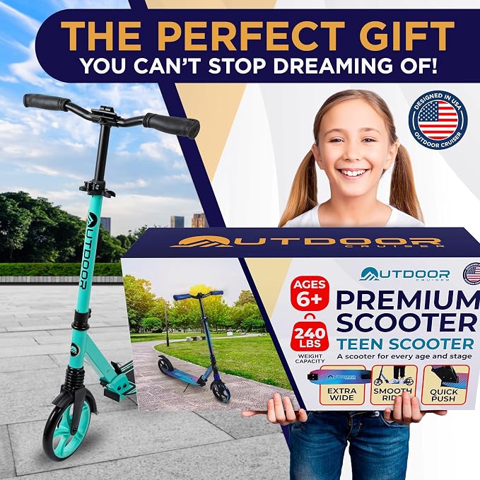 Outdoor Cruiser Kick Scooter for Ages 6+, for Kids, Teens, and Adults, Max Load 250 LBS, Foldable, 8-inch Wheels for Kids and Adults, Dual Suspension, 3 Adjustable Levels, Child Safety Approved, Aqua