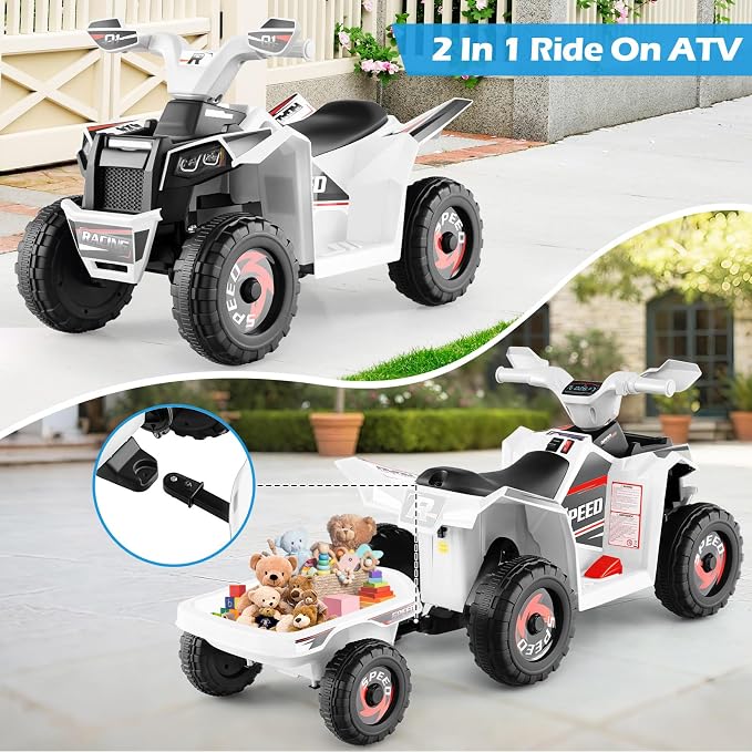OLAKIDS 6V Kids ATV with Removable Trailer, Forward Backward Function, Widened & Wear-Resistant Wheels, Ride On Toy for Toddlers (White)