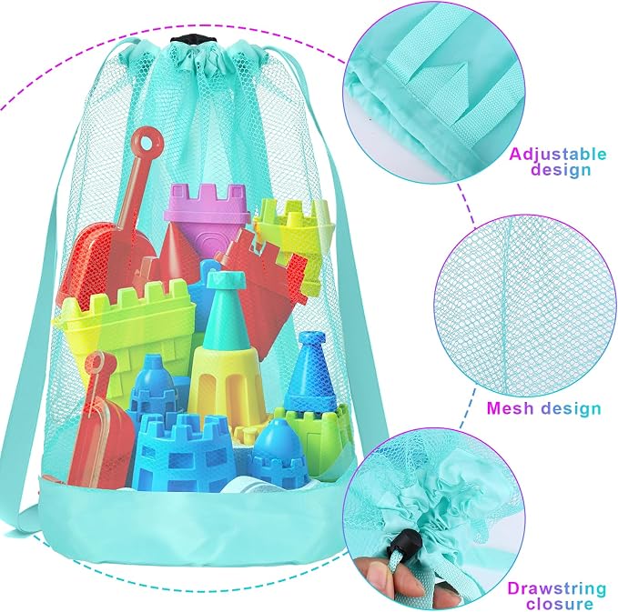 Vodolo Beach Toy Bag,3pcs Mesh Travel Sand Toys Backpack for Sandbox Buckets,Beach Vacation Essentials for Kids,Shell Collecting Bag Shelling Tools,Beach Must Haves Sand Box Toys Seashell Bags