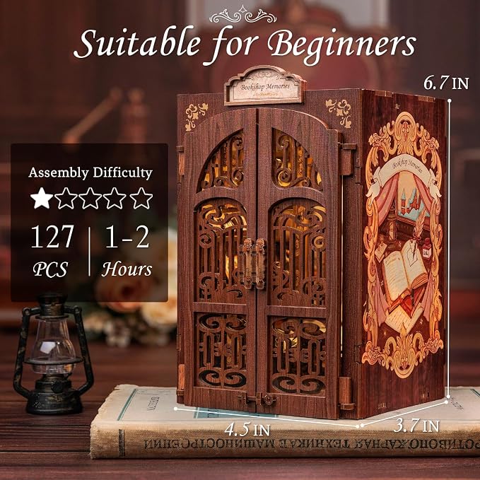 CUTEBEE Book Nook Kit - DIY Miniature House Dollhouse Kit for Adult and Teens, Booknook Bookshelf Decor Alley Model Build with LED Light, Gifts for Family and Friends (Bookshop Memories)