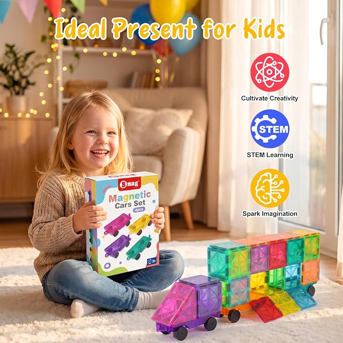 BAMG Magnetic Tiles Car Building Kit, 4 PCS Magnet Construction Trucks, STEM Educational Toys for Kids Ages 3-8, Engineering Vehicle Building Set, Sensory Learning Gifts for Toddlers Boys Girls