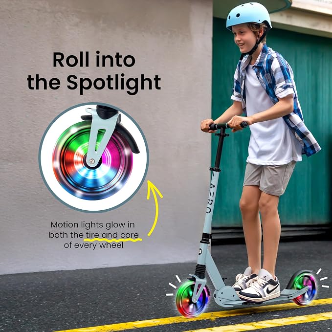 AERO MOBILITY Kick Scooter for Kids 6+, Teens & Adults | Light Up Wheels, Hand Brake, Rubber Deck Mat & Shock Absorption | Foldable & Height Adjustable