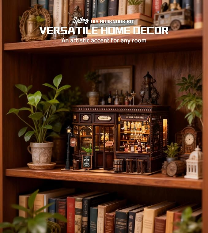 Spilay DIY Miniature House Kit for Adults, Miniature Dollhouse Kit | With Warm Light & Furniture, Wooden Craft Building Set for Bookshelf Decor, Home Display & Creative Gifts for DIY Lovers
