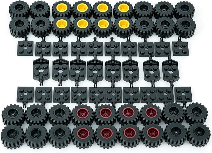 Pamvava Car Wheels and Axles Sets,100 Pieces Car Parts Building Kit with Tires, Vehicle Truck Wheel Compatible with Classic Bricks Toys (Black/Red/Yellow)