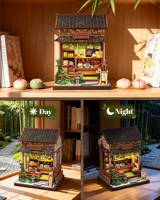 Book Nook Kit - DIY Miniature Japanese Wagashi Shop, 3D Wooden Puzzle Dollhouse with LED Lights, Tiny Bookend & Creative Bookshelf Decor, Craft Gift for Adults, Teens & Book Lovers