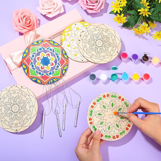 Silipull 24 Sets Mandala Wood Wind Chimes Craft for Kids Color Your Own Windchime DIY Unfinished Wooden Hanging Ornaments Coloring Wind Chime for Kids Gifts School Home and Party Supplies