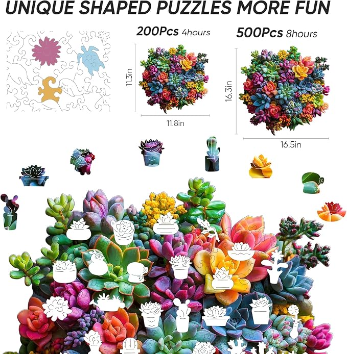 Wooden Puzzles for Adults,500Pieces Colorful Succulent Plants Jigsaw Puzzles,Unique Irregularly Shaped Animal Wooden Jigsaw Puzzle for Adult Family Game Thanksgiving Gift,17.2 * 16.6in