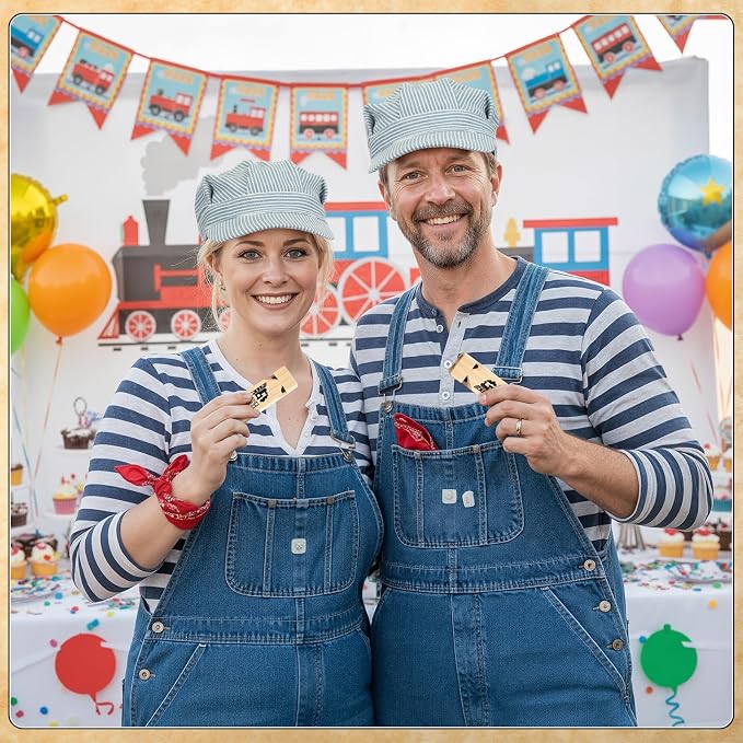 Chicingyou 8 Set Wooden Train Whistle Train Conductor Costume Choochoo Hat Dress up Kit Wood Choochoo Whistles Birthday Decorations Favors Noisemakers Goodie Bag Filler (Blue)