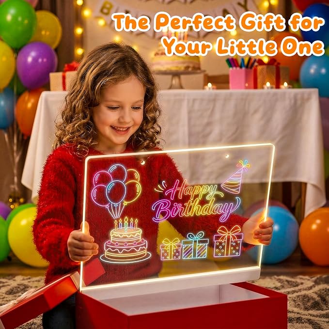 16" LumiBoard LED Drawing Board for Kids - 7 Colors & 10 Modes Rechargeable Acrylic LED Note Board with 7 Markers Cleaning Kit, Birthday Gifts for Kids/Girls/Teens