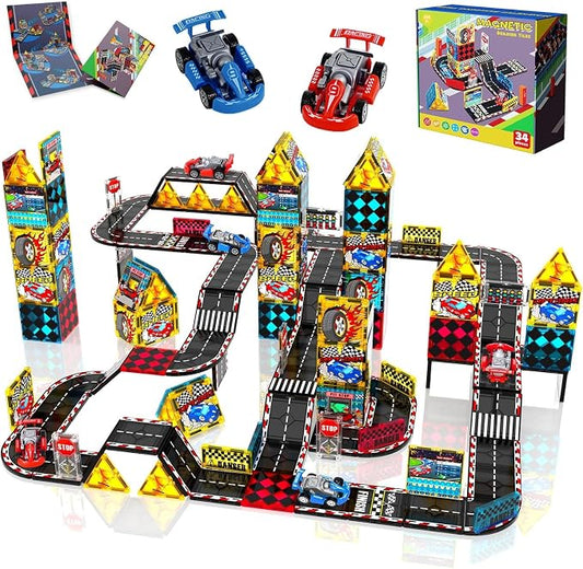 Magnetic Tiles Road Set, Rail Race Track with 2 Racer Cars, Magnetic Car Racing for Kids Ages 3 4 5 6 7 8, Magnet Building Blocks STEM Toy Birthday Gifts for 3＋ Years Old Boys Girls