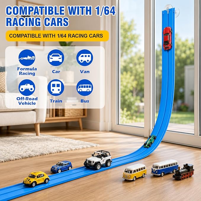 Flexible Race Track Set for Kids: 13 Ft Suction Cup Flex Race Track with 4 Car and 2 Thruster - Rolls Up Portable Racetrack Compatible with Diecast 1/64th Cars Model - Birthday Gifts for Ages 3 4 5 6