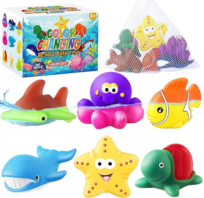 Color Changing No Hole Bath Toys for Kids, Toddler Bath Toys for Water Table Sea Creatures Pool Water Toys Bathtub Beach Sea Animal with Drying Bag