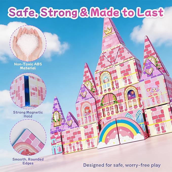 LATI Magnetic Tiles Princess Castle Building Toy for Kids, Double-Sided Magnetic Blocks for Day & Night Play, Open-Ended STEM Educational Toy, Compatible with Other Brands, Gift for Girls Ages 3–8