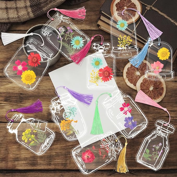 Kaluofan 103PCS Bookmark Making Kit, Transparent Flower Bookmarks, Handmade Dried Flower Bookmark Kit for School, DIY Bookmark Kit with Abundant Bottle Bookmarks Dried Flowers Tassels and Tweezer