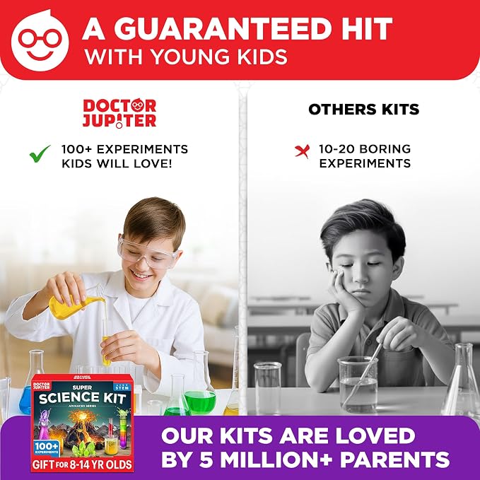 Doctor Jupiter Super Science Kit for Kids Age 8-12 | STEM Toys for Ages 8-9-10-11-12-13-14 with 100+ Experiments | Birthday Gift Ideas for Boys & Girls 8+ Years Old | Crystal Growing Chemistry Set