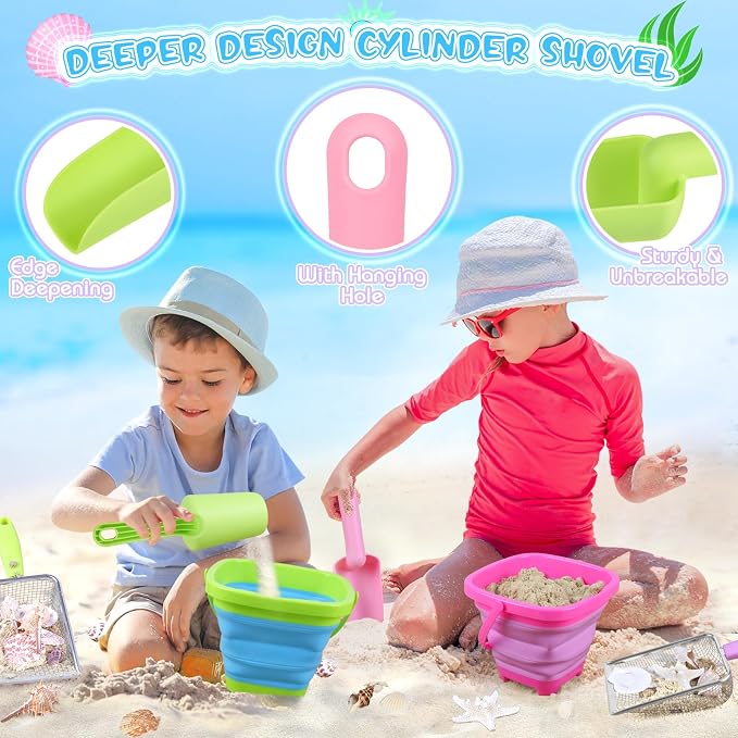 Beach Shell Collecting Set, Sand Toys with 2 Collapsible Buckets, Shark Tooth Sifters, Sand Scoops, Mesh Bags, Outdoor Exploration Tools & Treasure Hunt Toys for Kids, Family Beach Vacation Essentials