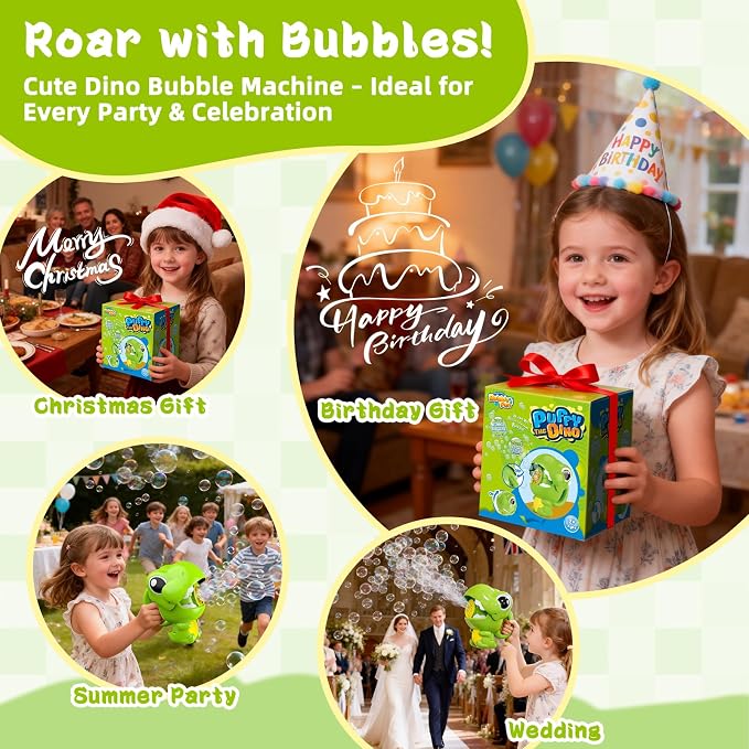 MAKE KIDS SMILE BUBBLE FUN Rechargeable Dinosaur Bubble Guns for Kids 1-3 | Automatic bubble machine with fast output, includes 8oz solution. Ideal summer children toys for boys, girls and pets.